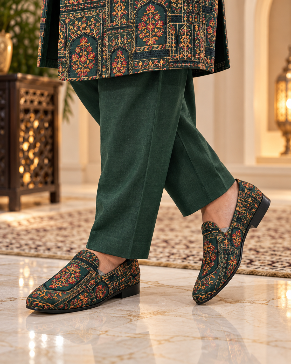 Luxury Emerald Green Embroidered Prince Coat Full Set with Shalwar Kameez & Shoes