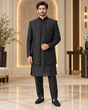 Luxury Black Embroidered Prince Coat Full Set with Shalwar Kameez & Shoes