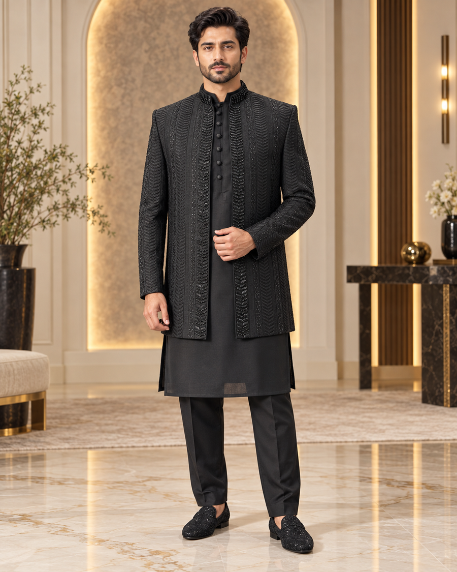 Luxury Black Embroidered Prince Coat Full Set with Shalwar Kameez & Shoes
