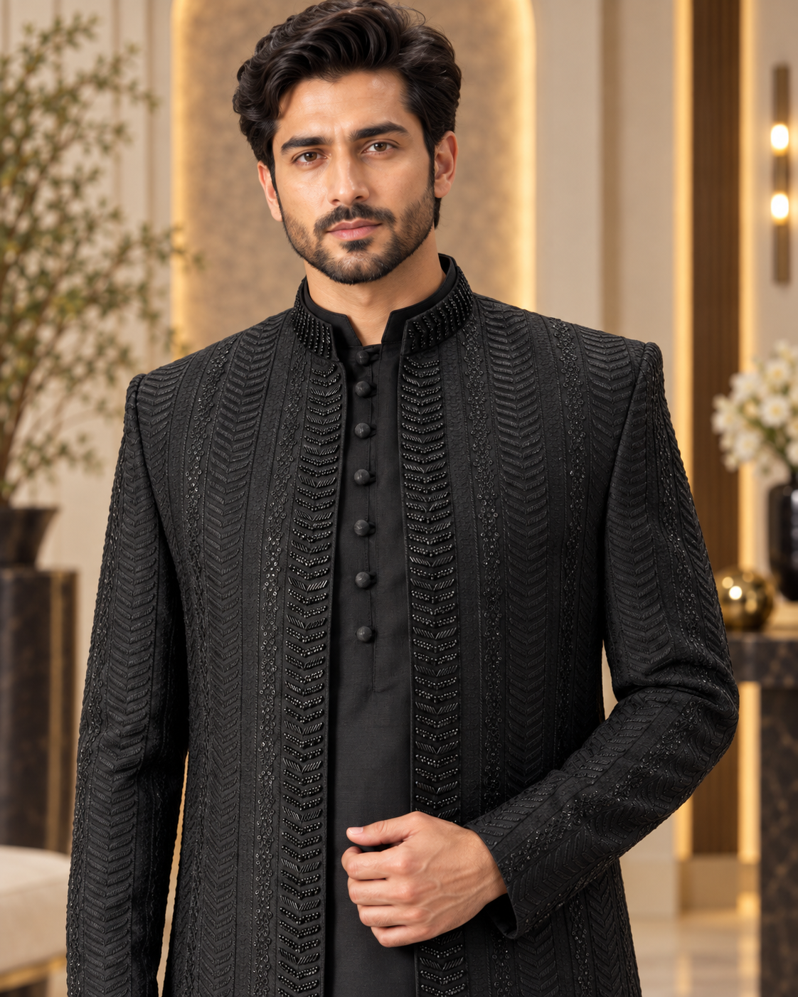Luxury Black Embroidered Prince Coat Full Set with Shalwar Kameez & Shoes