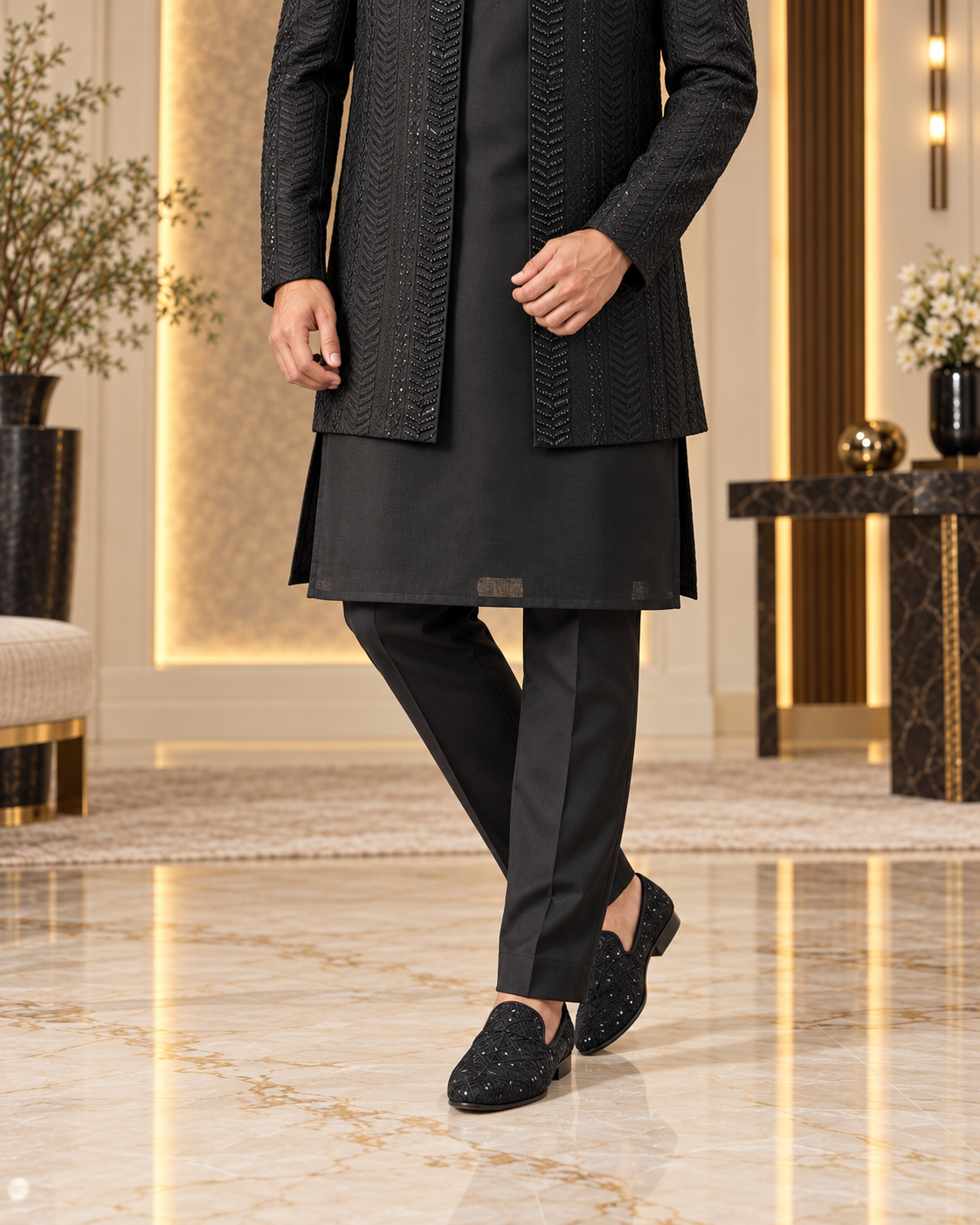 Luxury Black Embroidered Prince Coat Full Set with Shalwar Kameez & Shoes