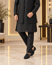 Luxury Black Embroidered Prince Coat Full Set with Shalwar Kameez & Shoes