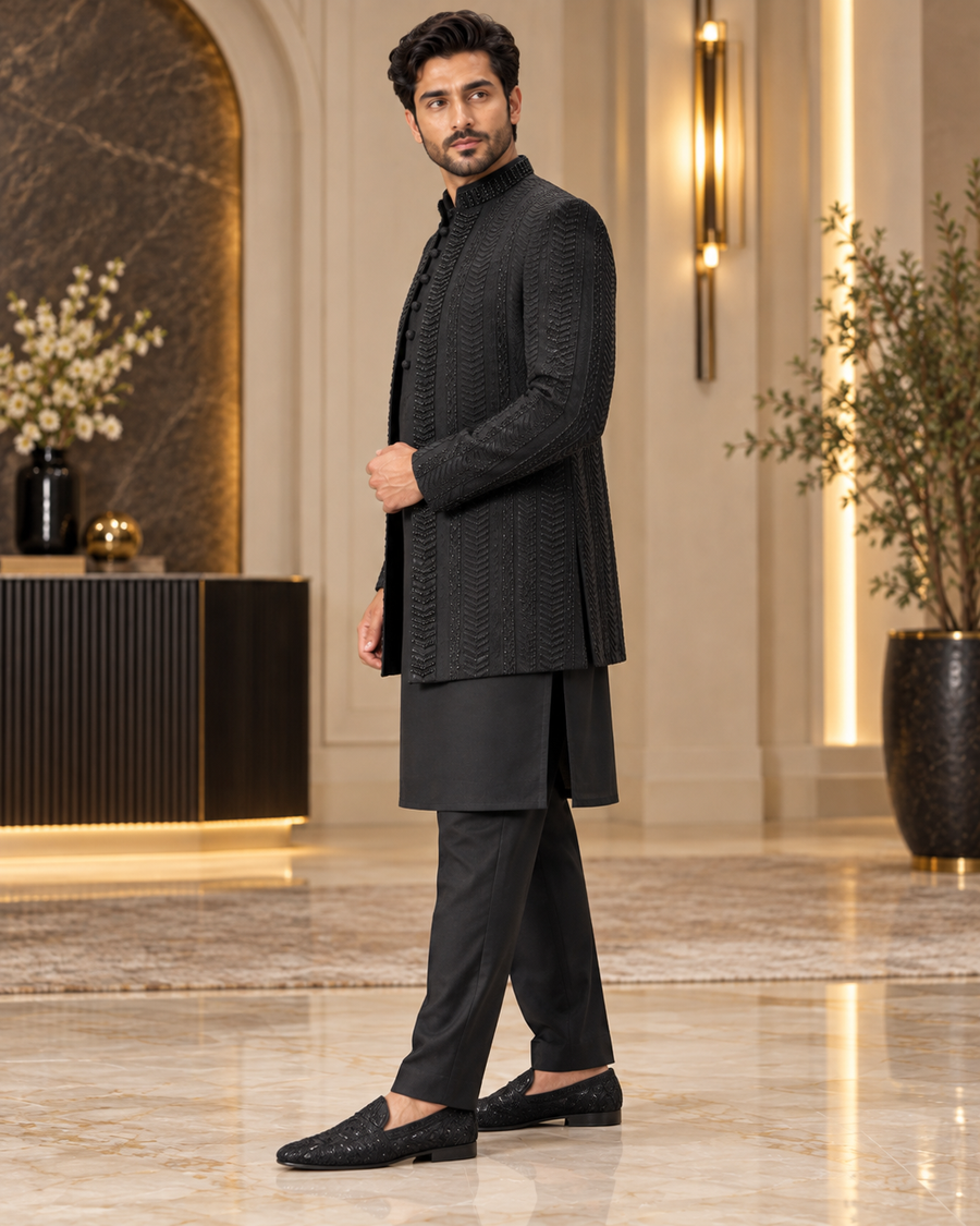 Luxury Black Embroidered Prince Coat Full Set with Shalwar Kameez & Shoes