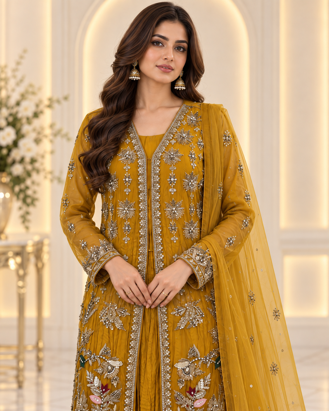 Luxury Mehndi Crushed Palazzo – Festive Wedding Outfit