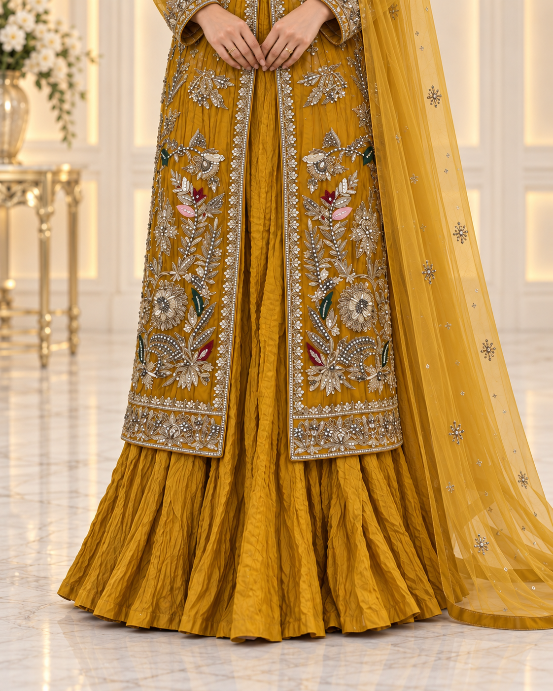 Luxury Mehndi Crushed Palazzo – Festive Wedding Outfit
