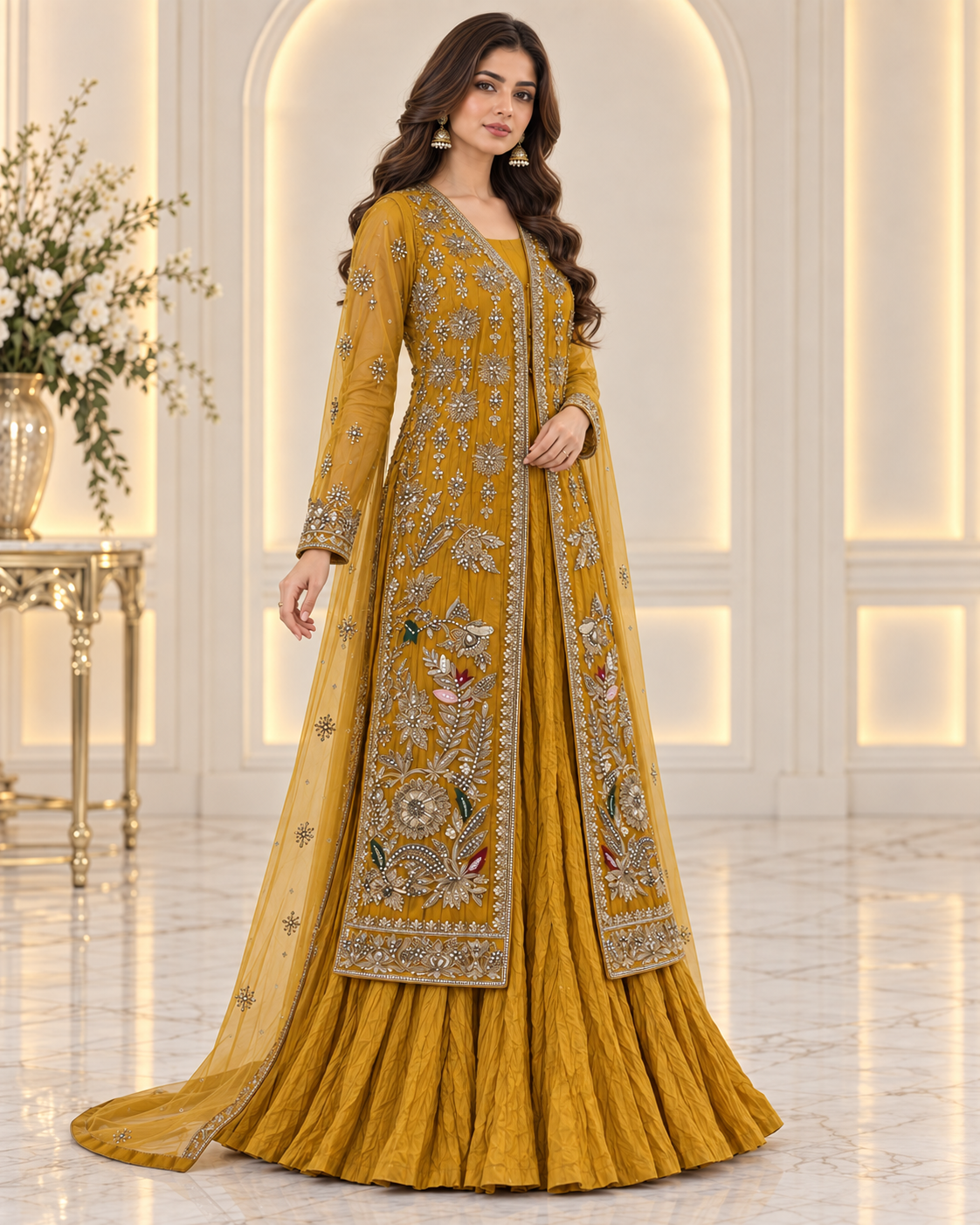 Luxury Mehndi Crushed Palazzo – Festive Wedding Outfit