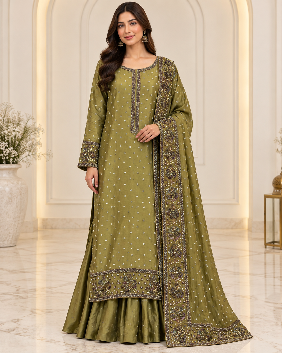 Elegant Mehndi Dress with Trouser – Two-Piece Outfit