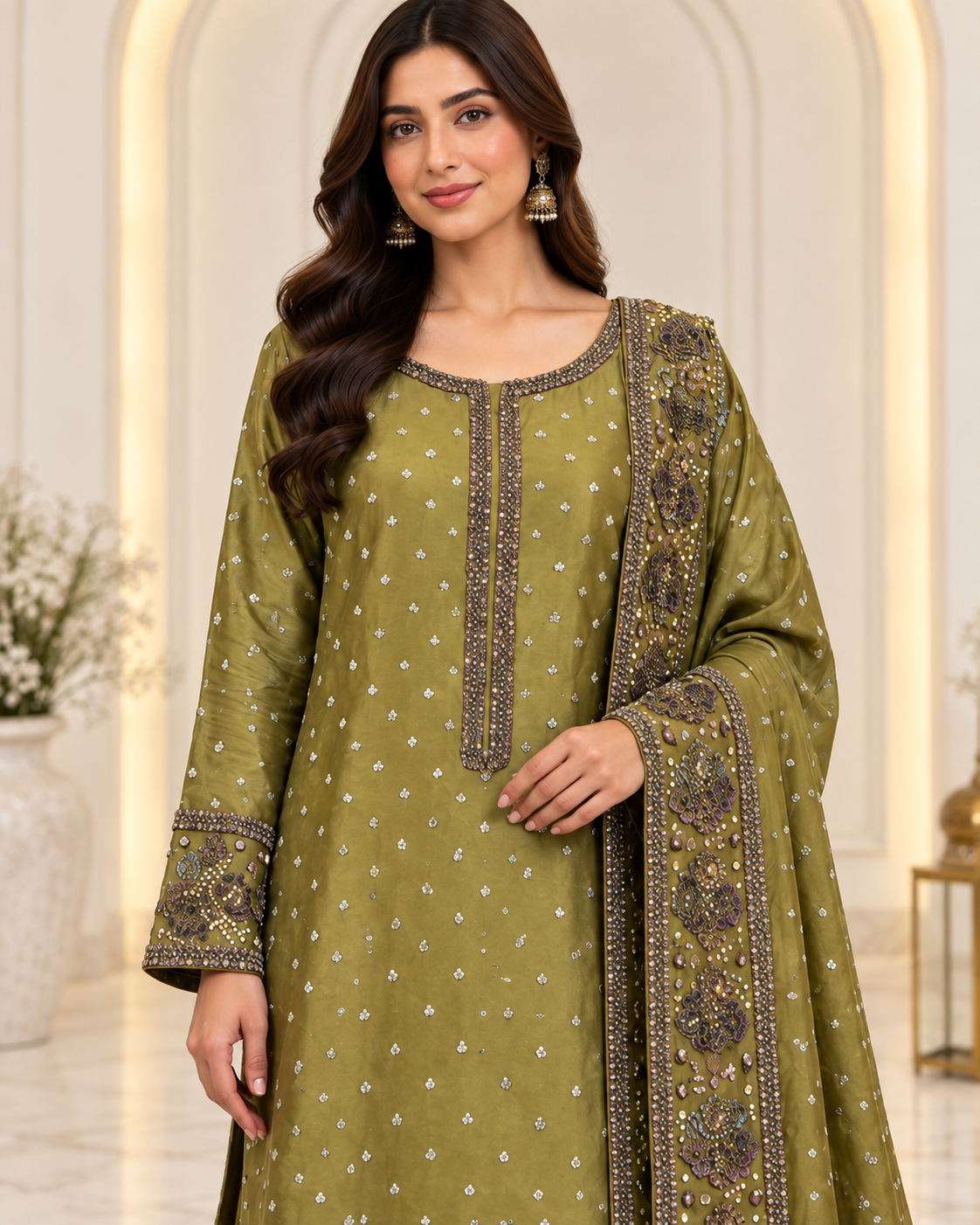 Elegant Mehndi Dress with Trouser – Two-Piece Outfit
