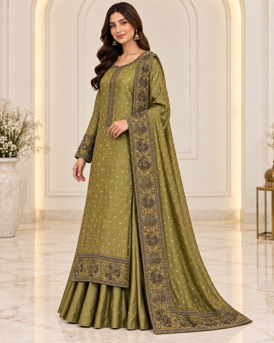 Elegant Mehndi Dress with Trouser – Two-Piece Outfit