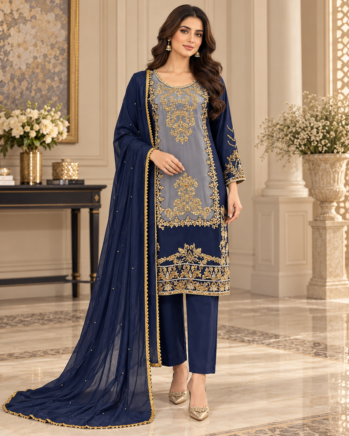 Navy Blue & Grey Handmade Formal Dress – Ready to Wear & Customizable