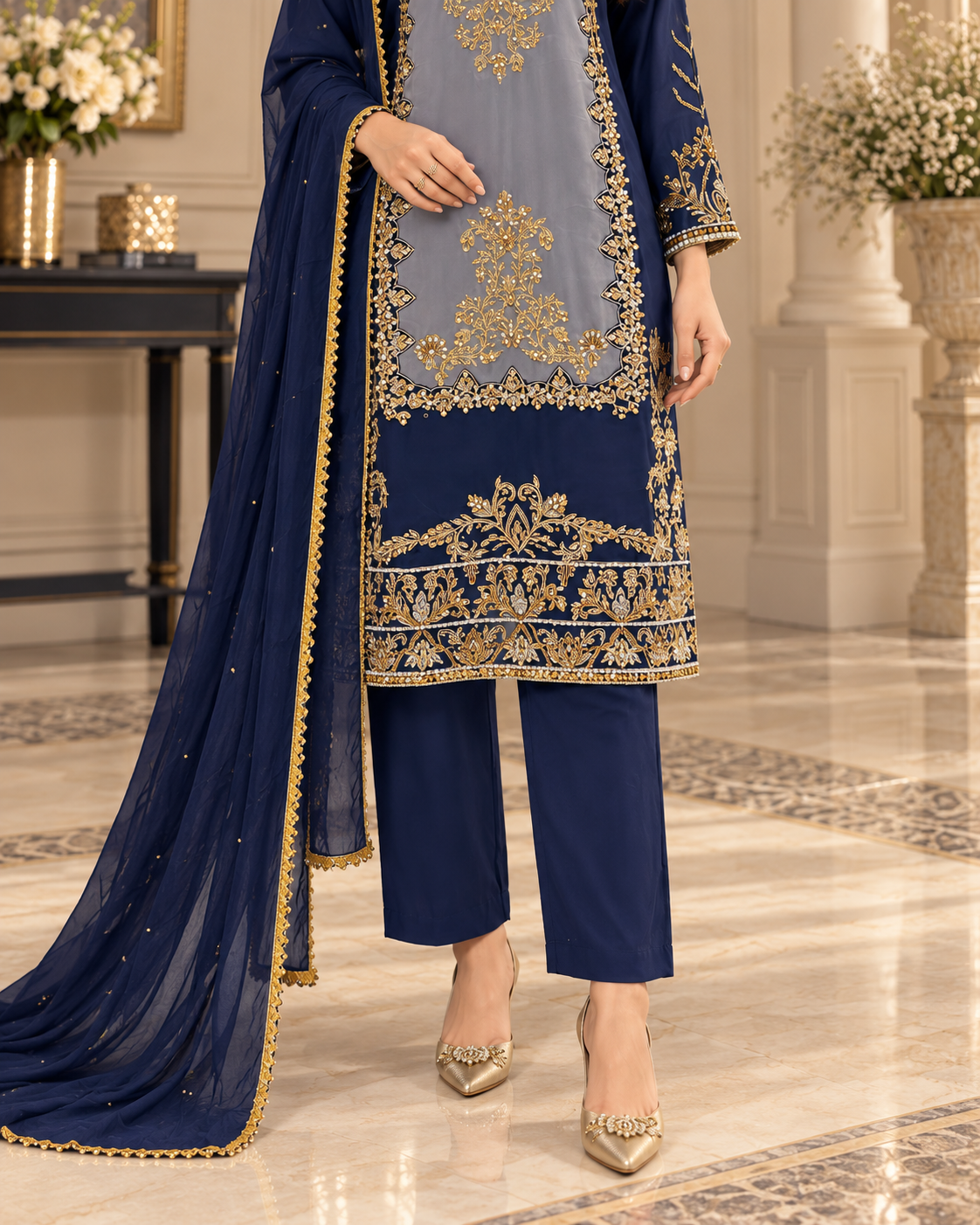 Navy Blue & Grey Handmade Formal Dress – Ready to Wear & Customizable