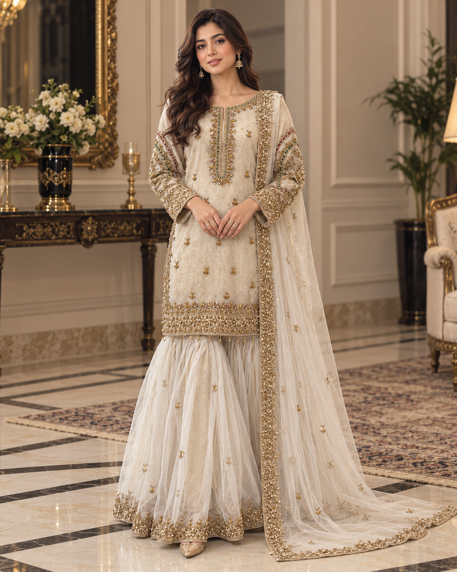 Ivory Gold Handmade Nikah Dress with Flared Bottom – Ready to Wear