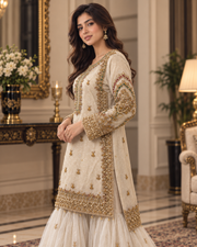 Ivory Gold Handmade Nikah Dress with Flared Bottom – Ready to Wear