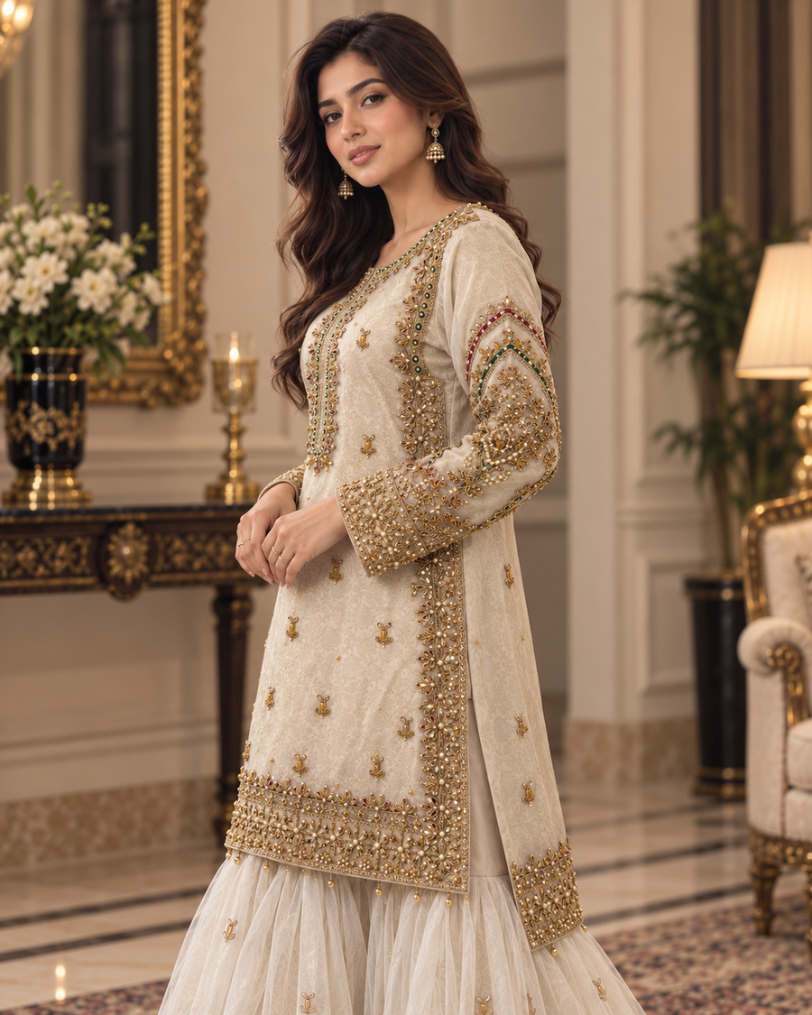 Ivory Gold Handmade Nikah Dress with Flared Bottom – Ready to Wear