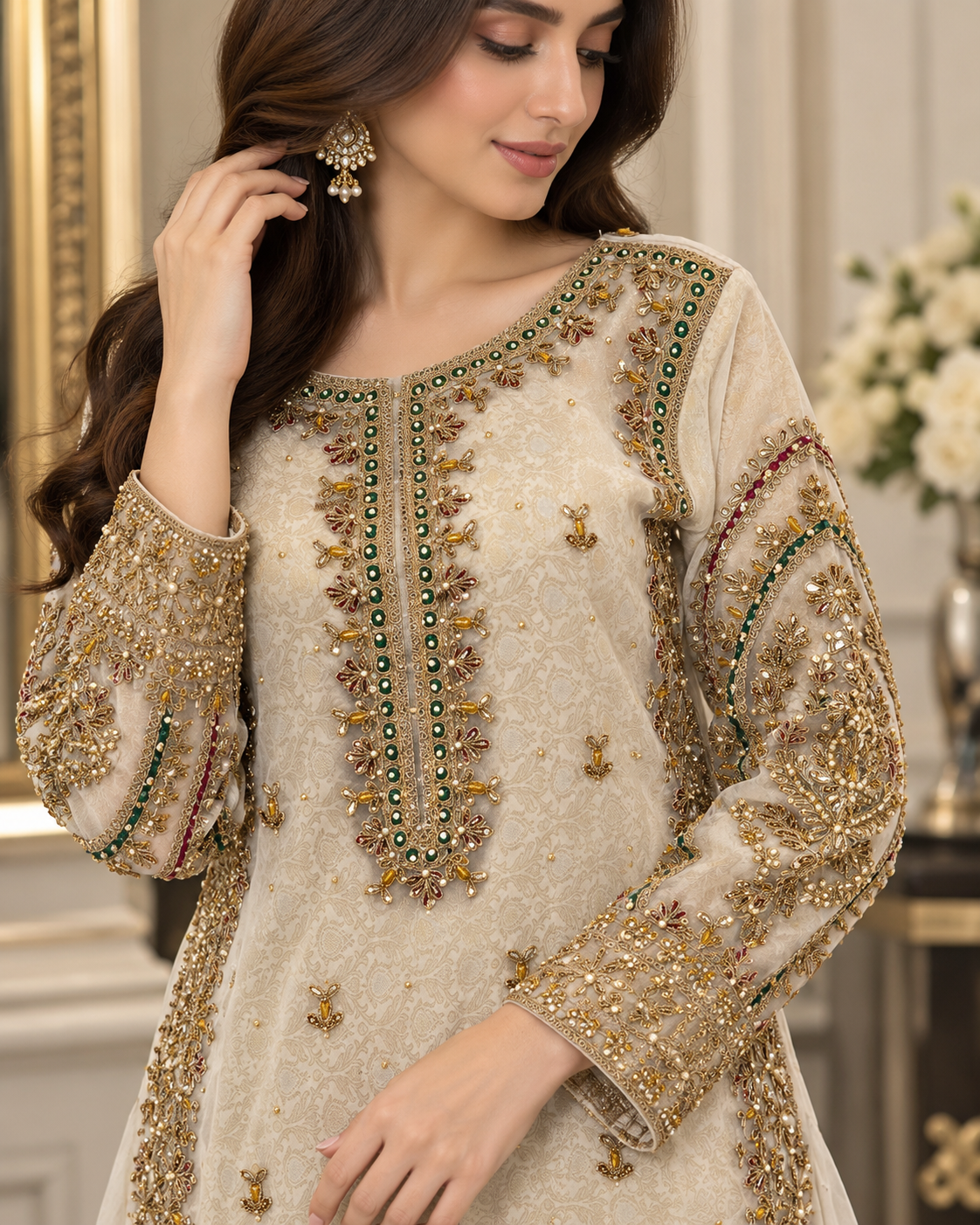 Ivory Gold Handmade Nikah Dress with Flared Bottom – Ready to Wear