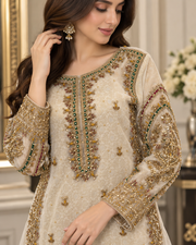 Ivory Gold Handmade Nikah Dress with Flared Bottom – Ready to Wear
