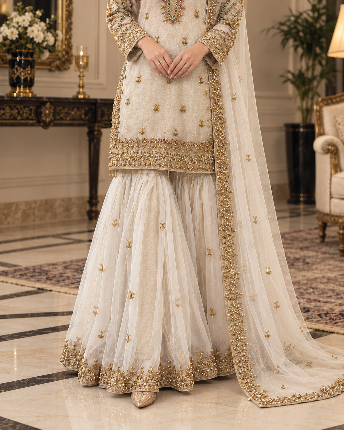 Ivory Gold Handmade Nikah Dress with Flared Bottom – Ready to Wear