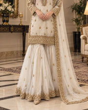 Ivory Gold Handmade Nikah Dress with Flared Bottom – Ready to Wear