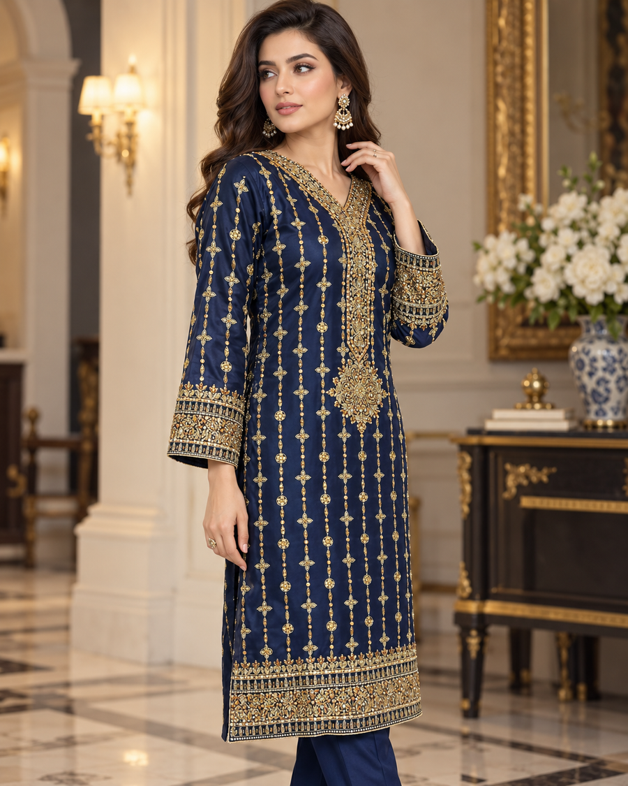 Navy Blue & Gold Handmade Nikah Dress – Ready to Wear & Customizable