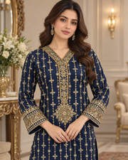 Navy Blue & Gold Handmade Nikah Dress – Ready to Wear & Customizable