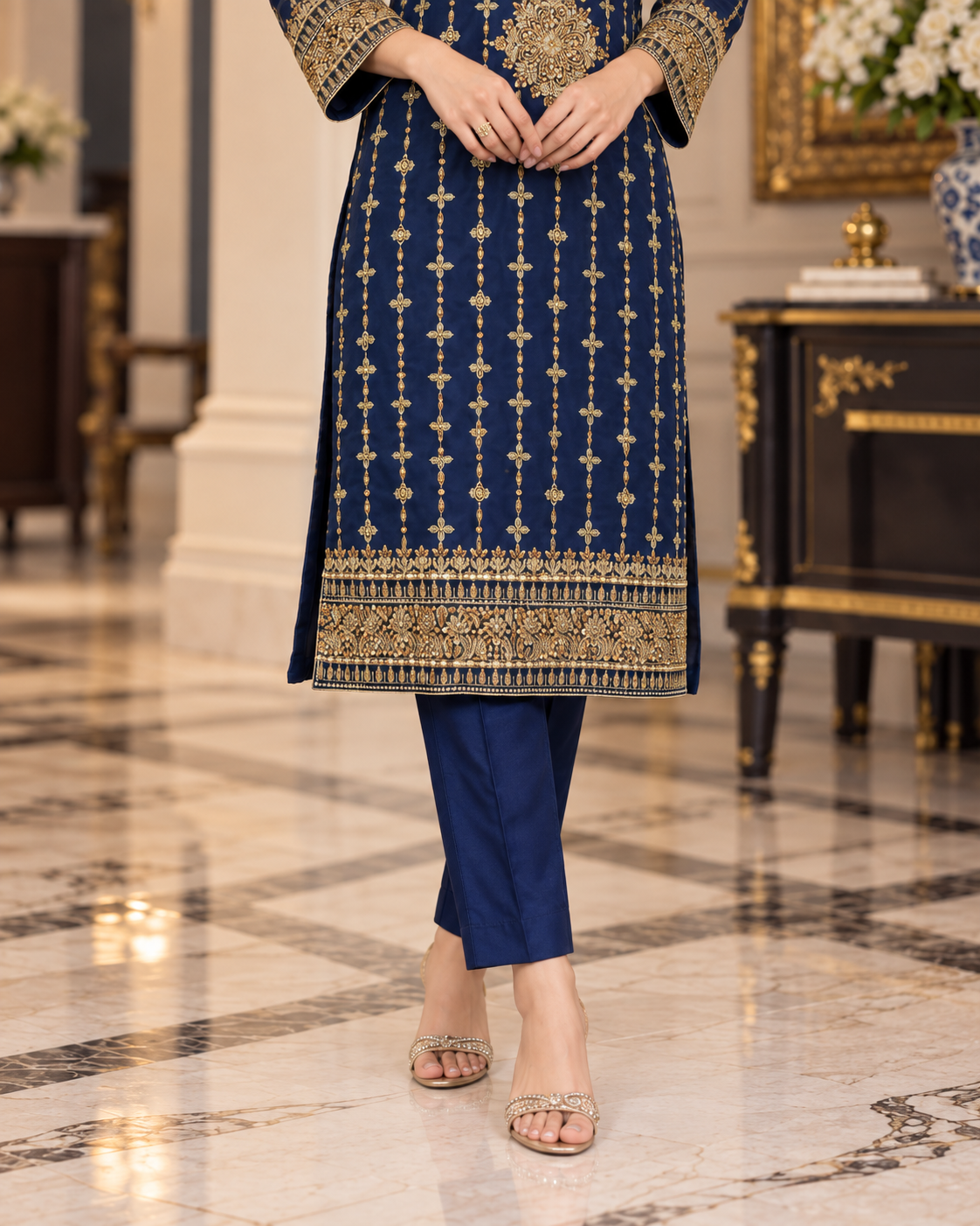 Navy Blue & Gold Handmade Nikah Dress – Ready to Wear & Customizable