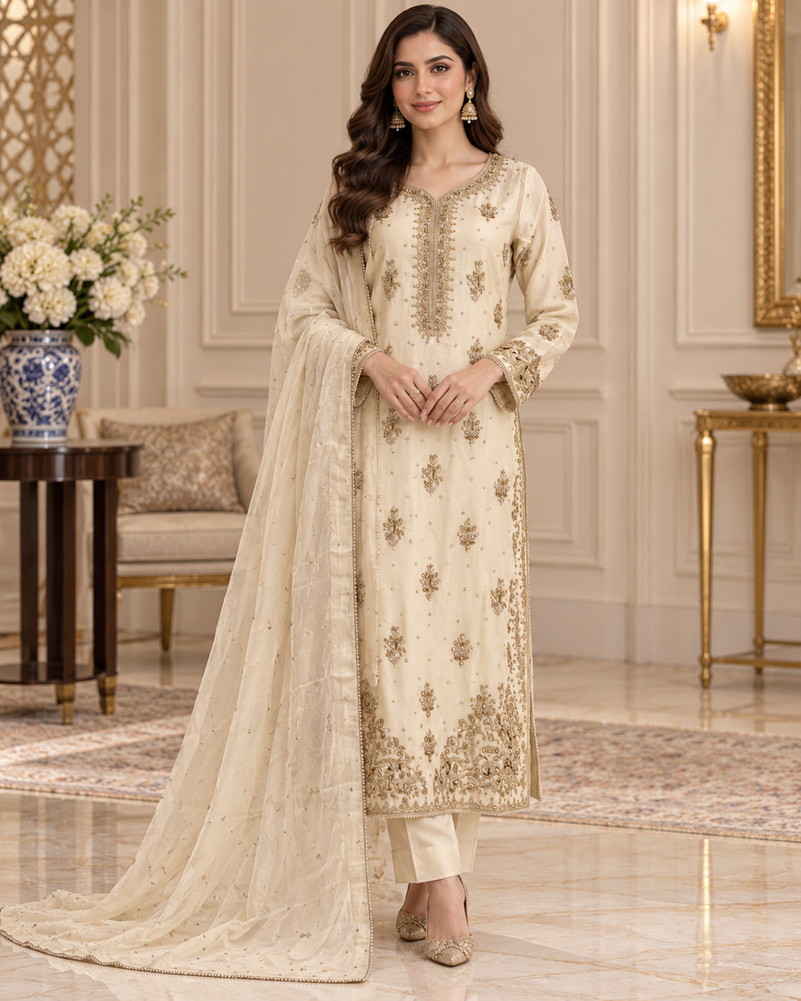 Ivory Gold Handmade Embellished Formal Dress – Ready to Wear & Customizable