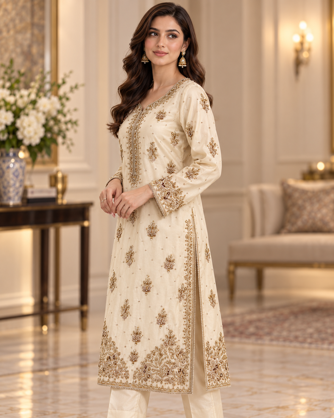 Ivory Gold Handmade Embellished Formal Dress – Ready to Wear & Customizable