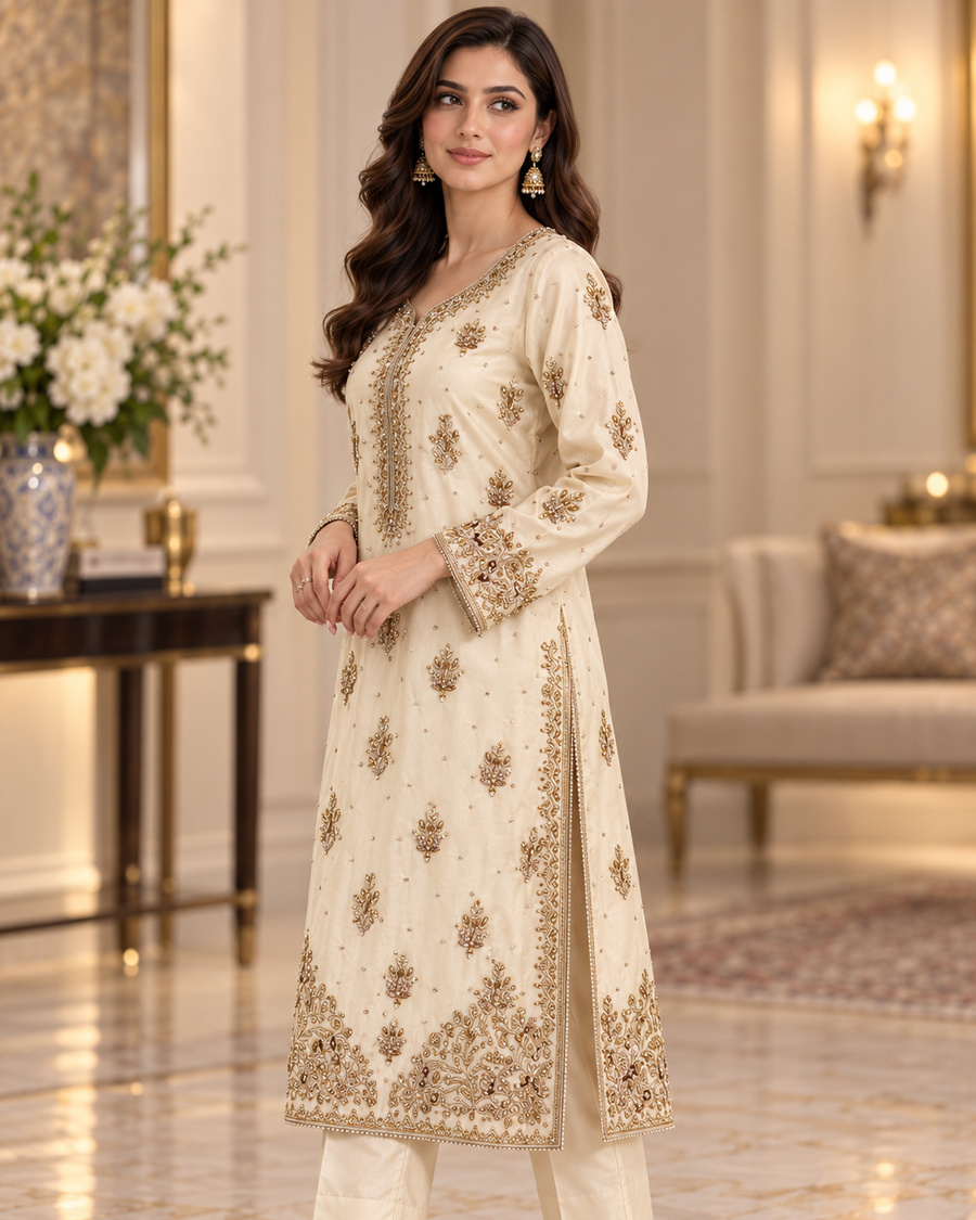 Ivory Gold Handmade Embellished Formal Dress – Ready to Wear & Customizable