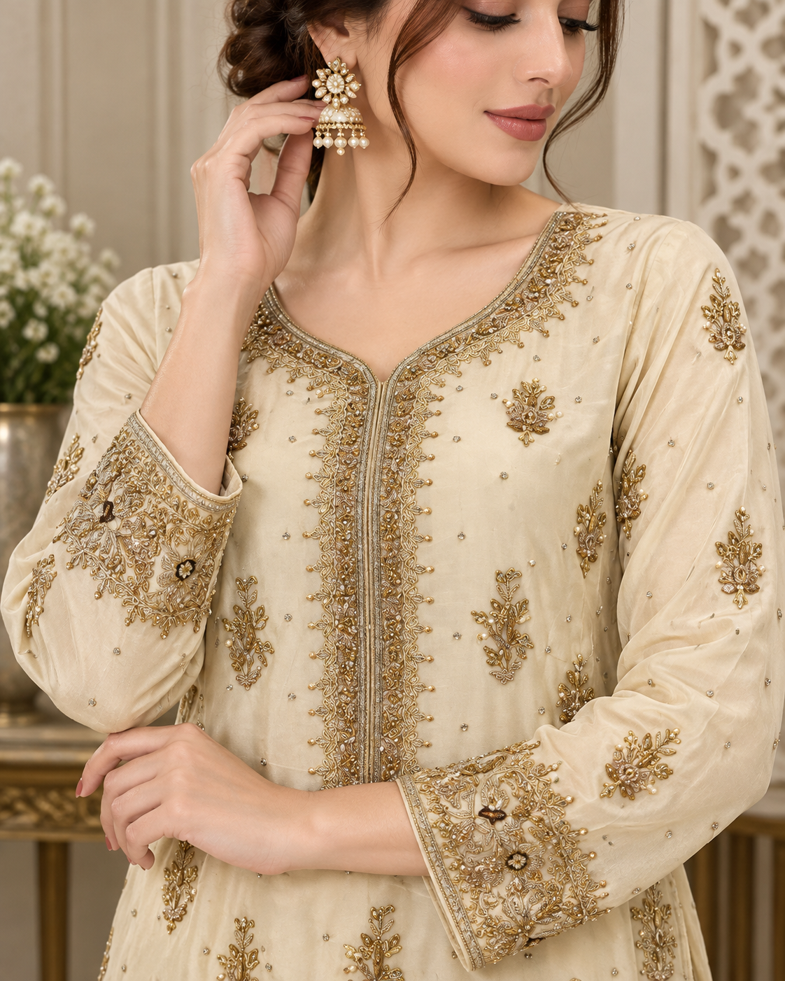 Ivory Gold Handmade Embellished Formal Dress – Ready to Wear & Customizable