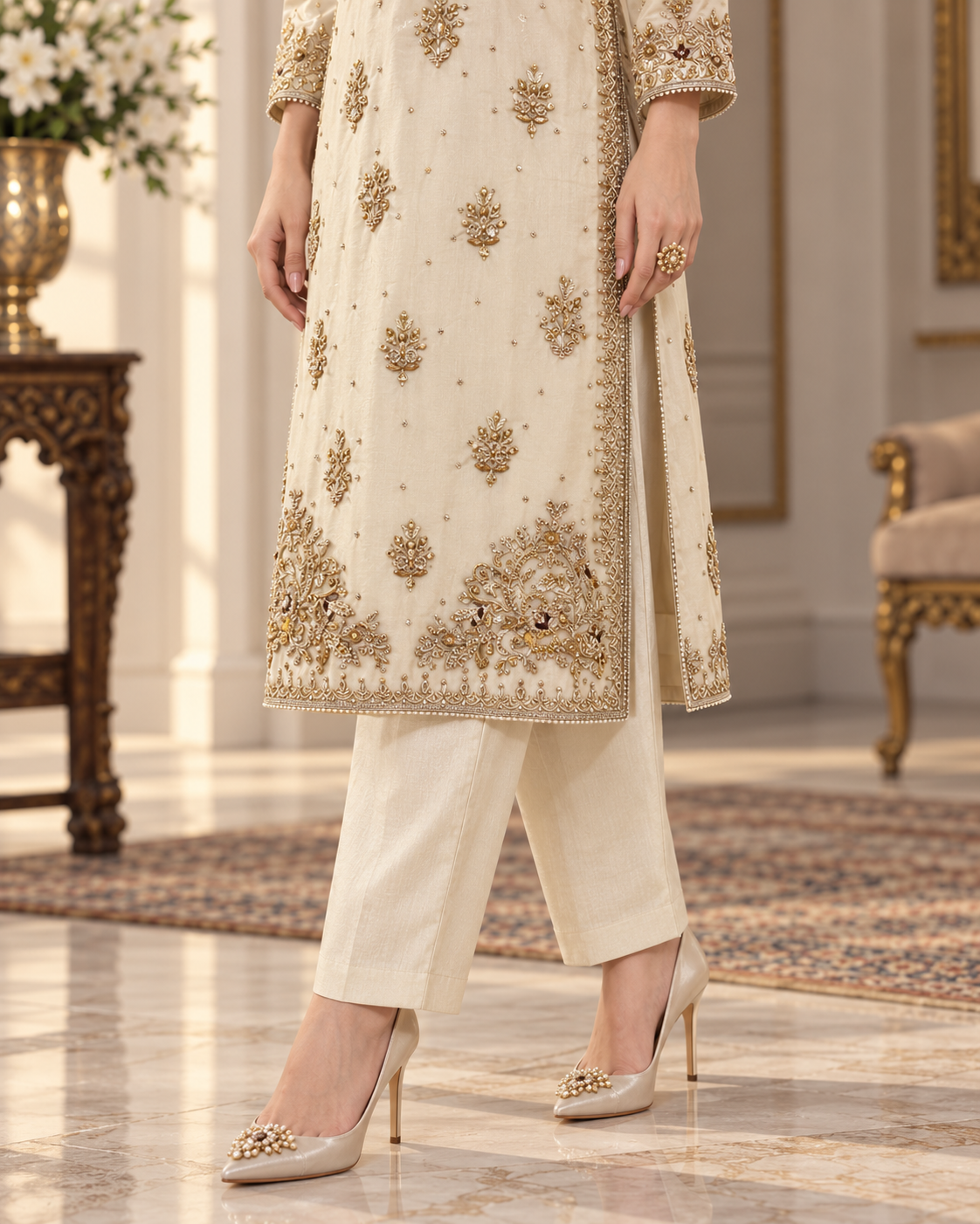 Ivory Gold Handmade Embellished Formal Dress – Ready to Wear & Customizable