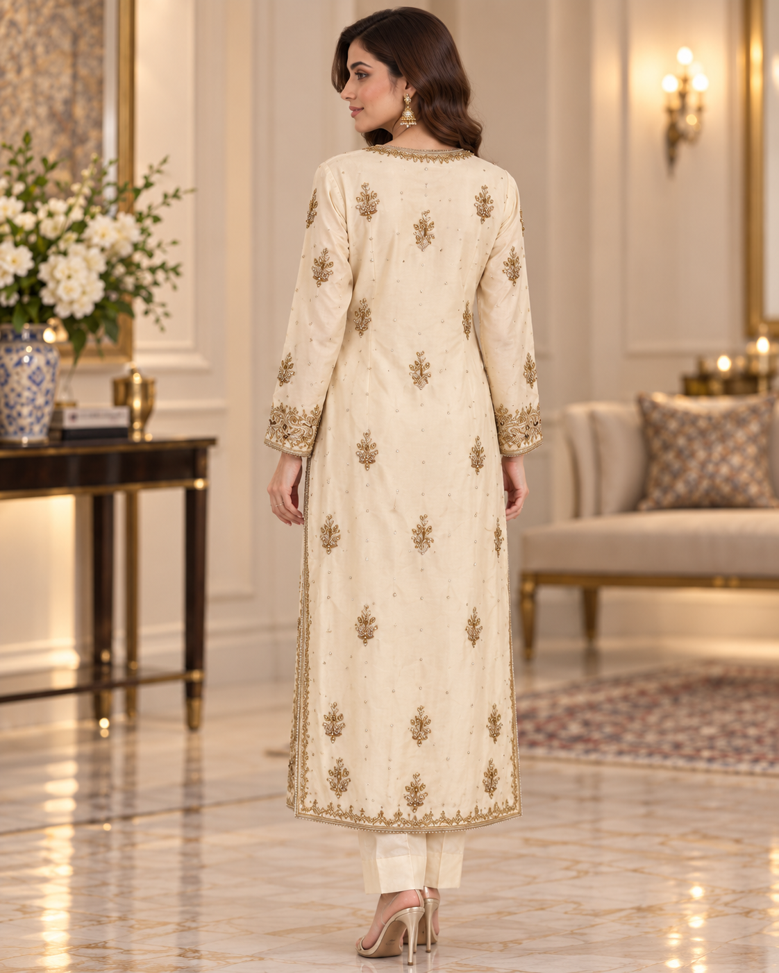 Ivory Gold Handmade Embellished Formal Dress – Ready to Wear & Customizable