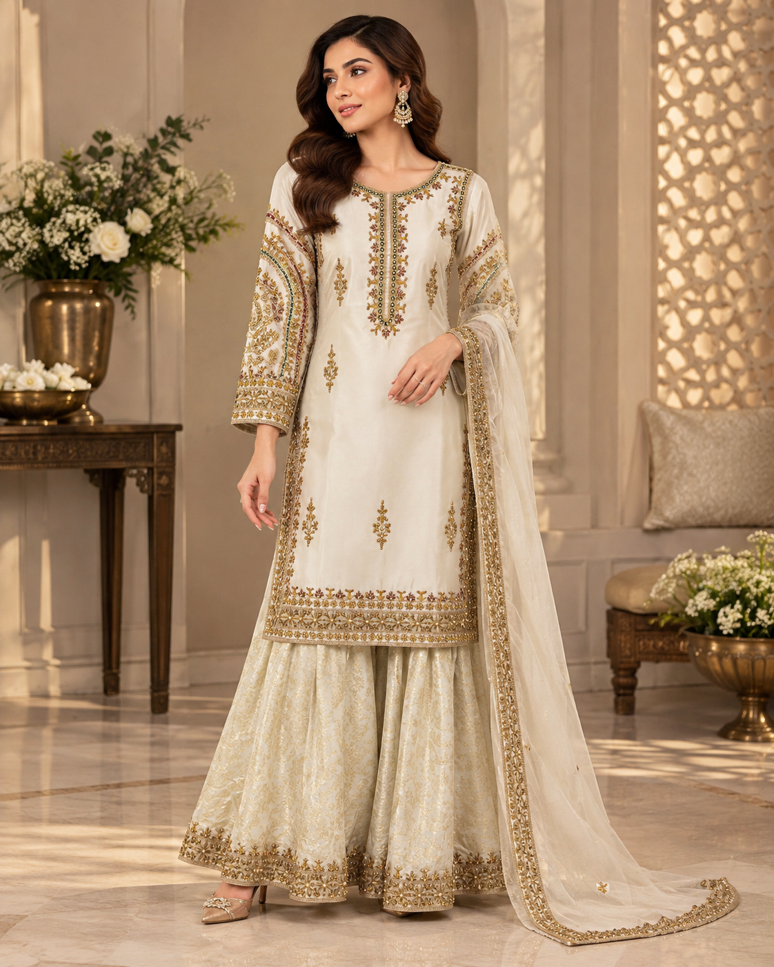 Ivory Gold Handmade Formal Dress with Gharara – Ready to Wear & Customizable