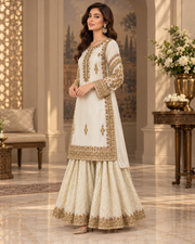 Ivory Gold Handmade Formal Dress with Gharara – Ready to Wear & Customizable