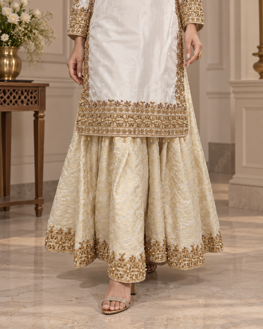 Ivory Gold Handmade Formal Dress with Gharara – Ready to Wear & Customizable