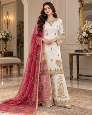 Ivory Gold Handmade Formal Dress with Pink Dupatta – Ready to Wear