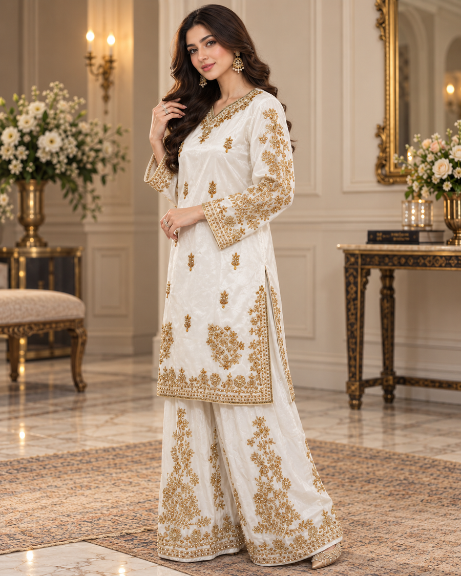 Ivory Gold Handmade Formal Dress with Pink Dupatta – Ready to Wear