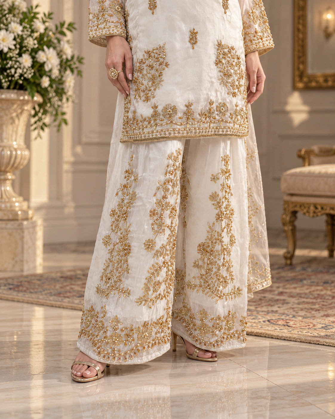Ivory Gold Handmade Formal Dress with Pink Dupatta – Ready to Wear