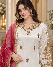 Ivory Gold Handmade Formal Dress with Pink Dupatta – Ready to Wear