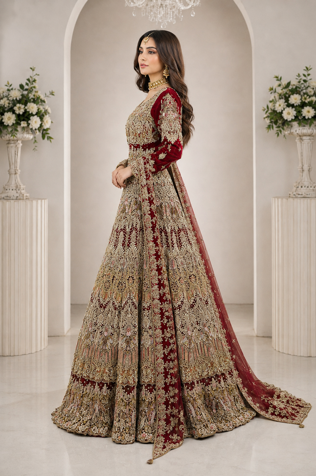 Luxury Deep Maroon Bridal Lehenga with Heavy Gold Embroidery