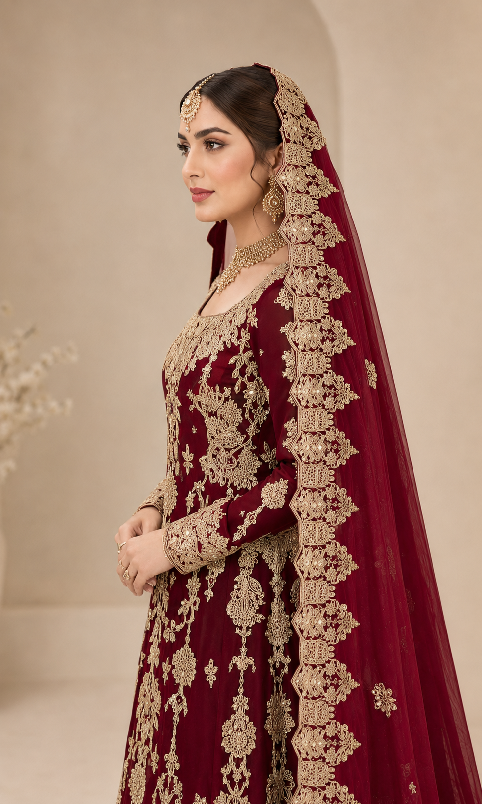 Luxury Maroon Chiffon Bridal Lehenga with Handmade Kora Dabka Work