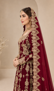 Luxury Maroon Chiffon Bridal Lehenga with Handmade Kora Dabka Work