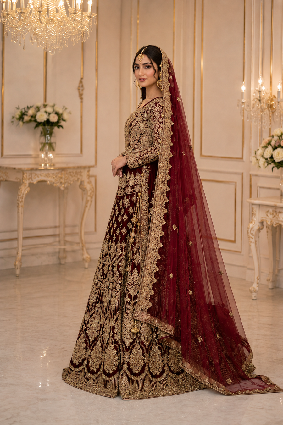 Regal Maroon Net Bridal Lehenga with Handmade Kora Dabka Work