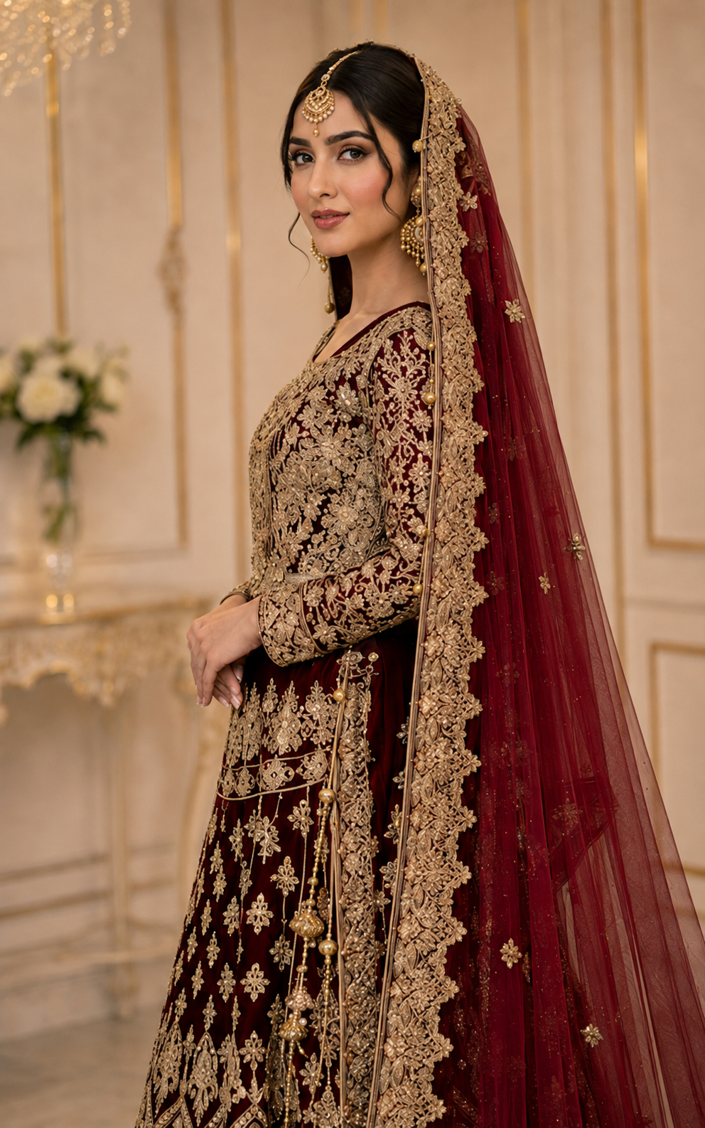 Regal Maroon Net Bridal Lehenga with Handmade Kora Dabka Work
