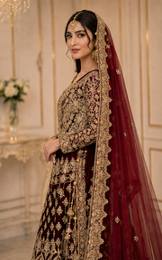 Regal Maroon Net Bridal Lehenga with Handmade Kora Dabka Work