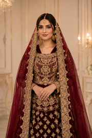 Regal Maroon Net Bridal Lehenga with Handmade Kora Dabka Work