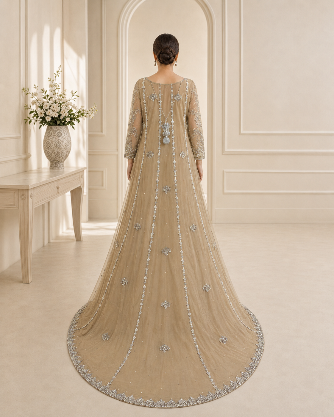 Champagne Taupe Cora Dabka Tail Maxi Dress for Wedding – Ready to Wear