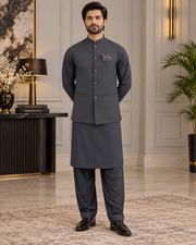 Premium Charcoal Grey Shalwar Kameez with Matching Waistcoat