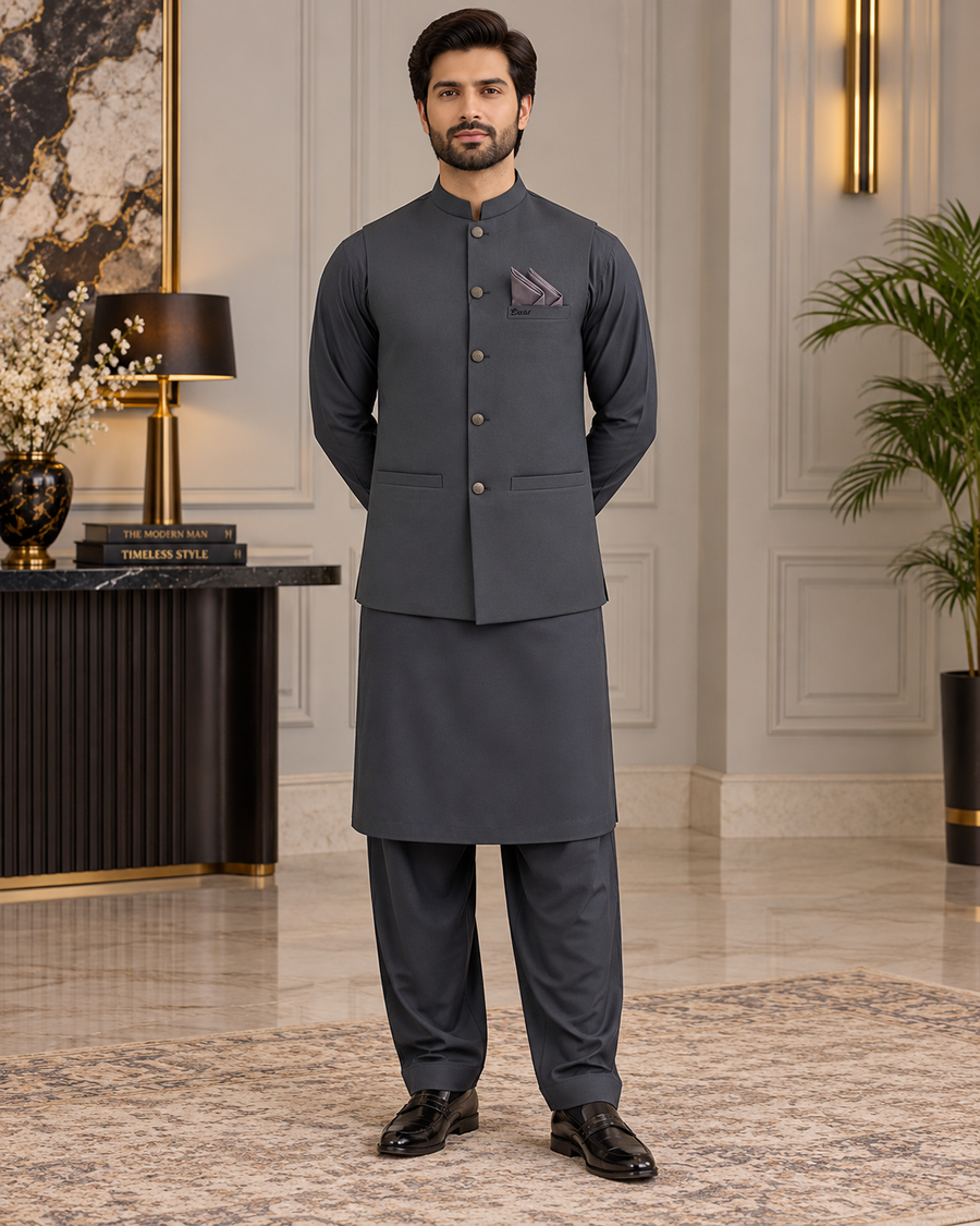Premium Charcoal Grey Shalwar Kameez with Matching Waistcoat