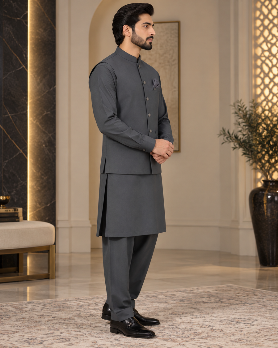 Premium Charcoal Grey Shalwar Kameez with Matching Waistcoat
