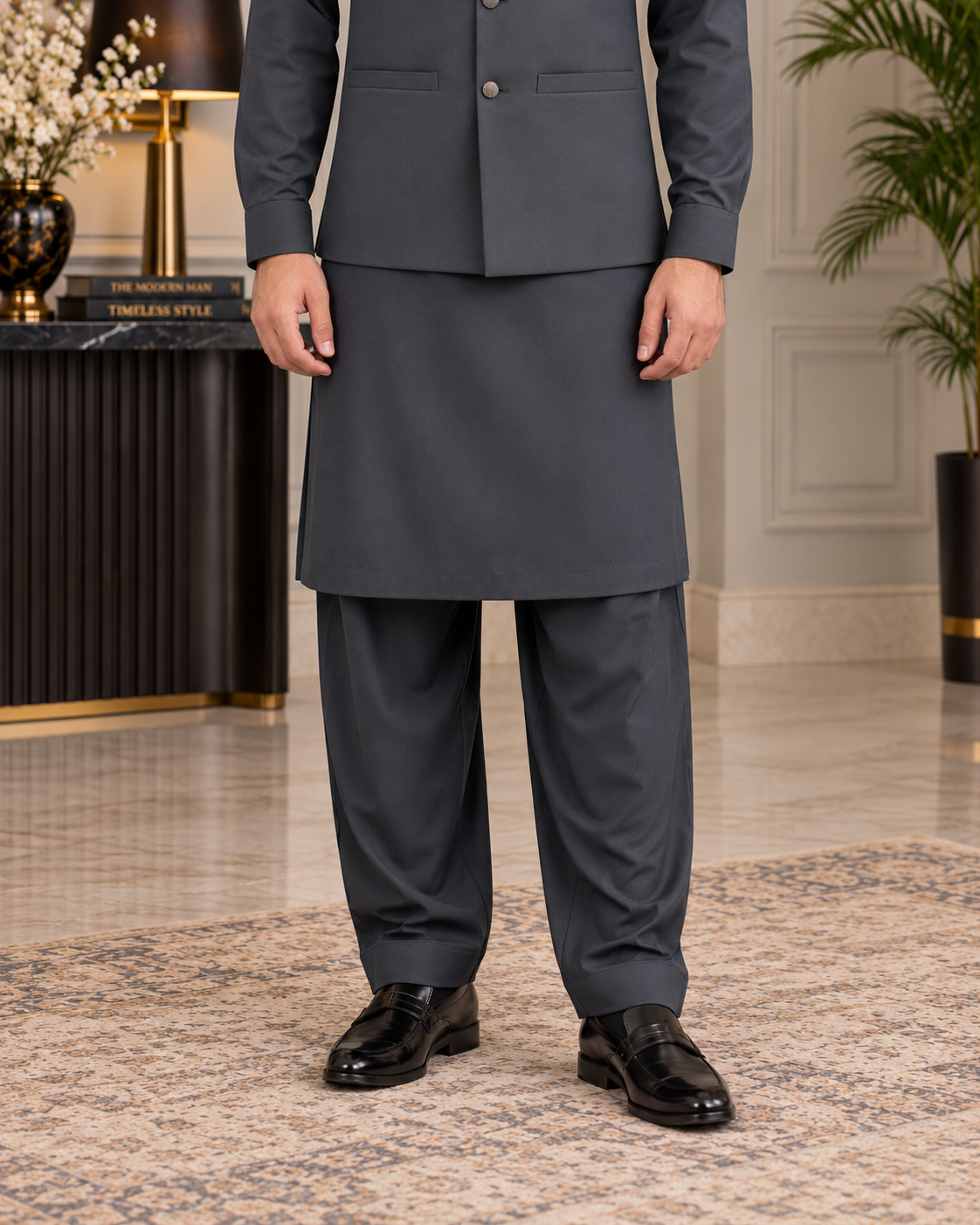 Premium Charcoal Grey Shalwar Kameez with Matching Waistcoat